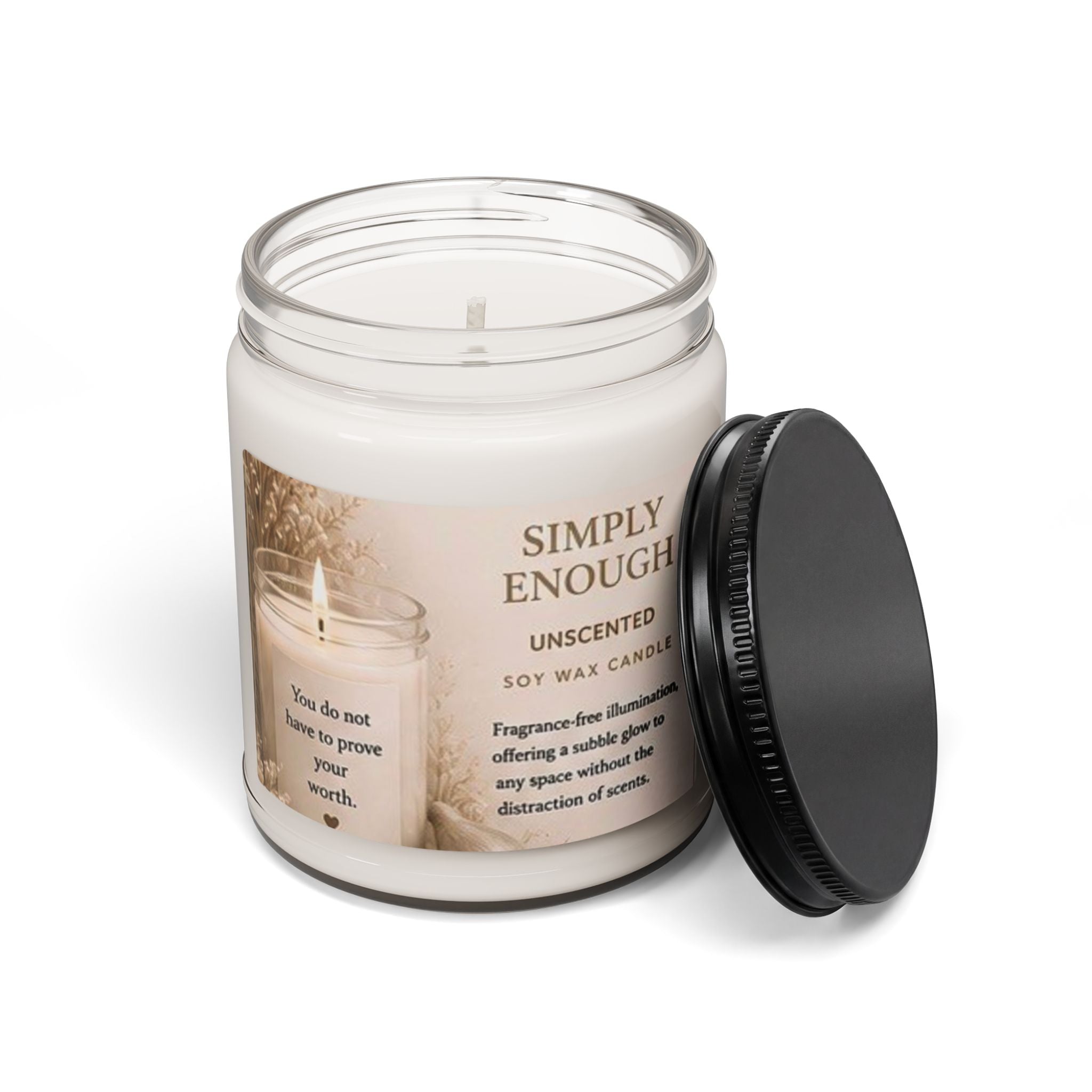 Unscented Soy Candle 9oz — "Simply Enough" Minimalist Jar Candle for Home Relaxation, Meditation & Self-Care