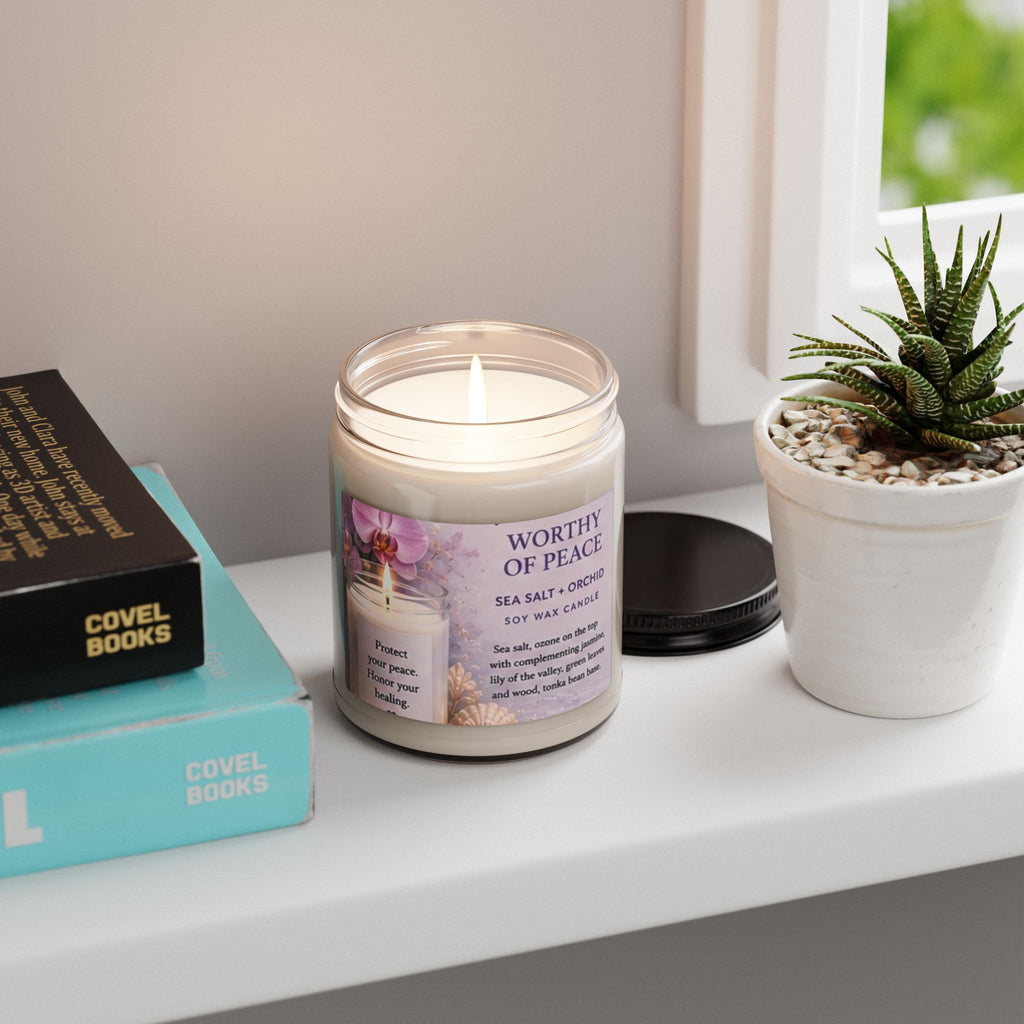Worthy of Peace 9oz Soy Candle — Sea Salt & Orchid Scented Jar