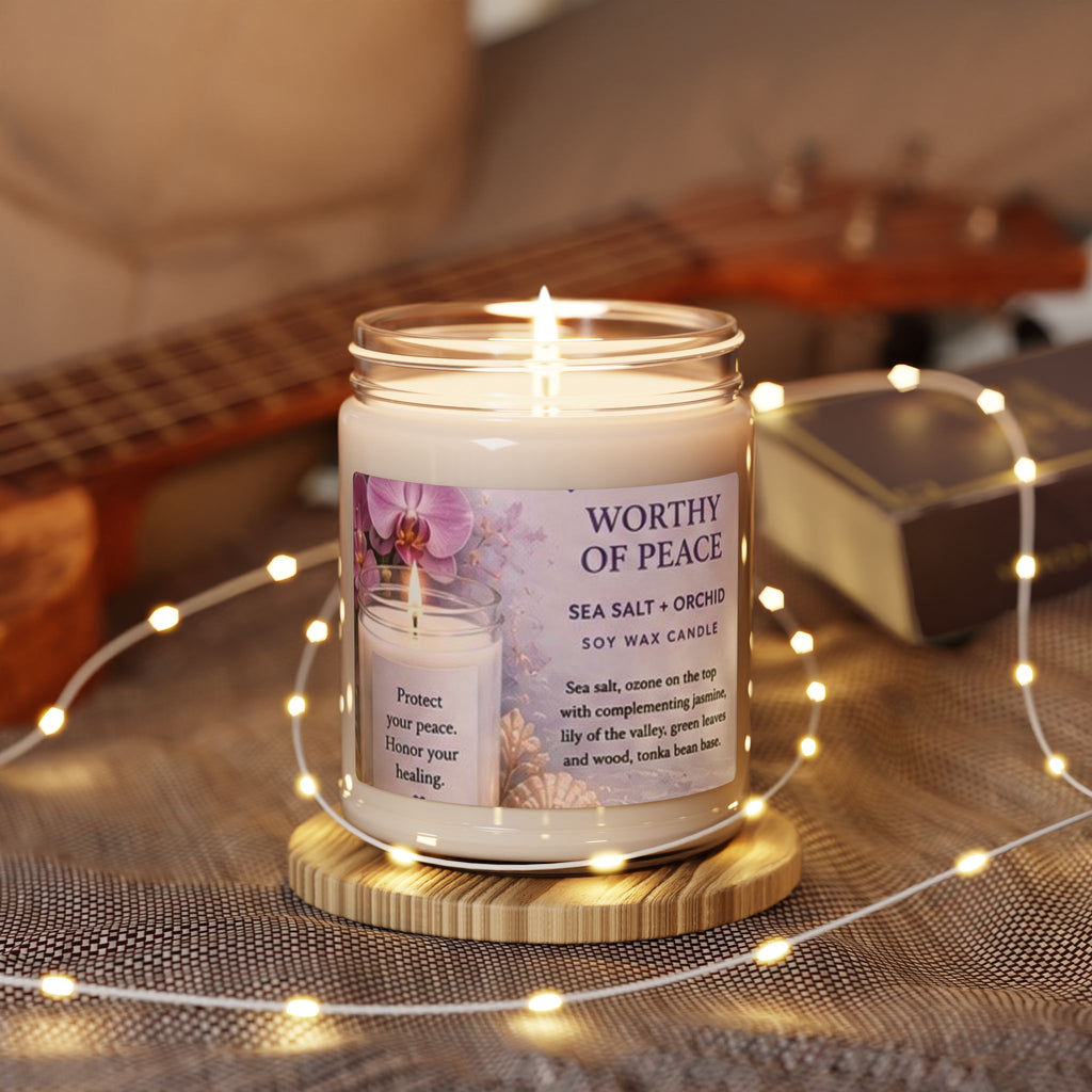 Worthy of Peace 9oz Soy Candle — Sea Salt & Orchid Scented Jar