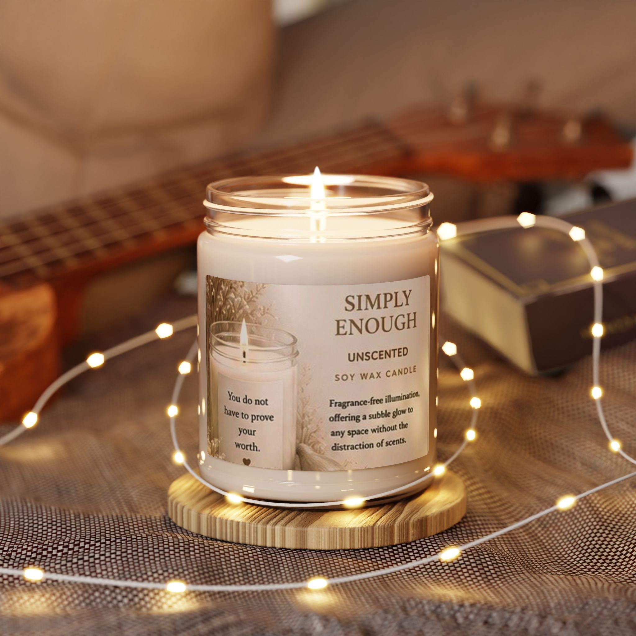 Unscented Soy Candle 9oz — "Simply Enough" Minimalist Jar Candle for Home Relaxation, Meditation & Self-Care