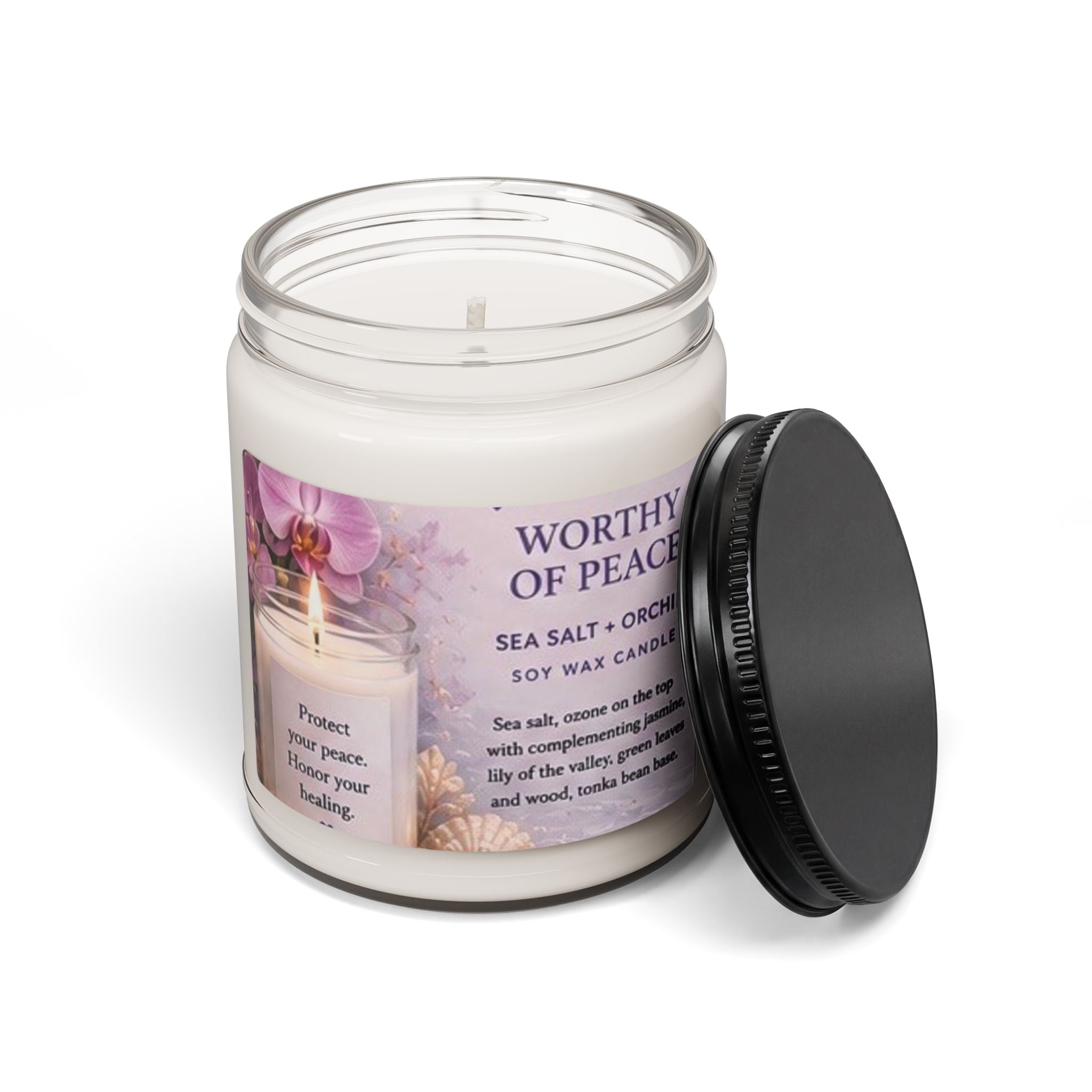 Worthy of Peace 9oz Soy Candle — Sea Salt & Orchid Scented Jar