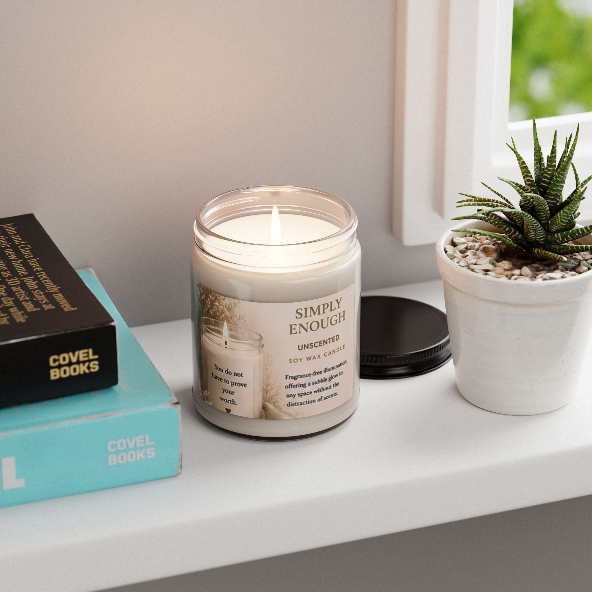 Unscented Soy Candle 9oz — "Simply Enough" Minimalist Jar Candle for Home Relaxation, Meditation & Self-Care