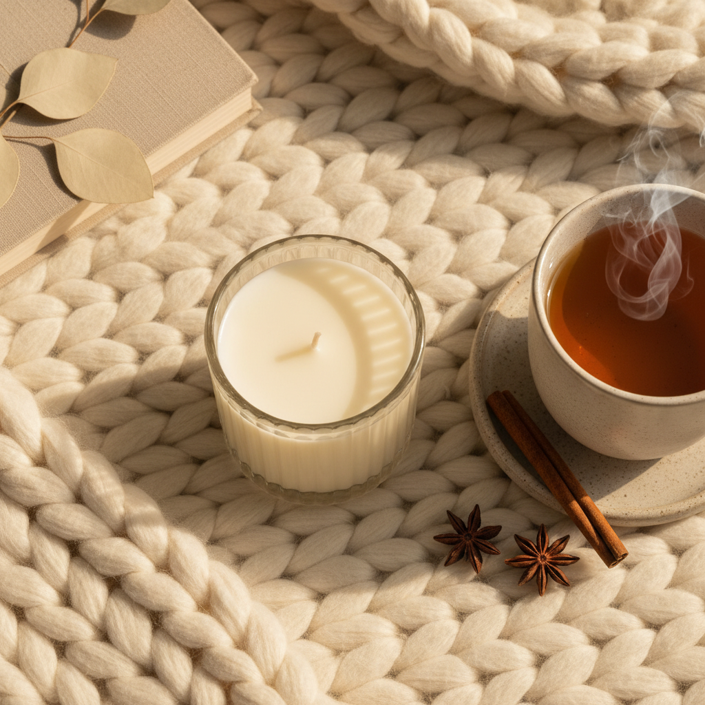 Rest Without Guilt soy candle on a cozy knit blanket with warm tea