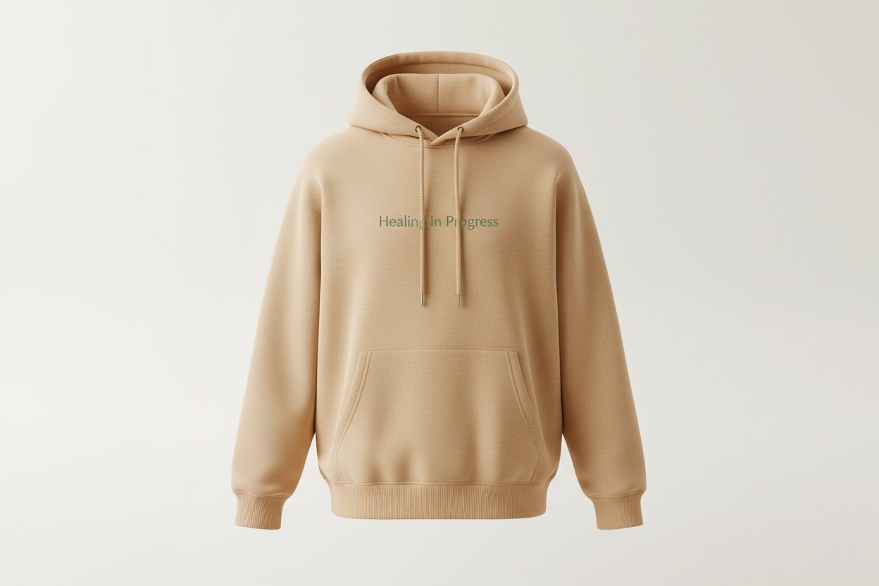Minimalist premium unisex hoodie in oatmeal cream with centered sage green typography reading Healing in Progress