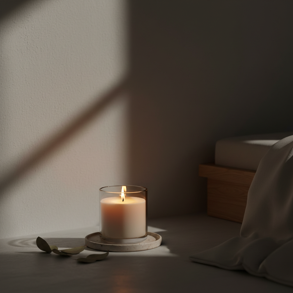 Overstimulated But Still Worthy soy candle glowing softly in a dimly lit room