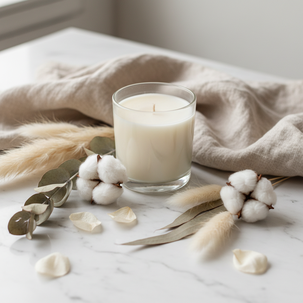 Softness Is Strength soy candle surrounded by soft florals and linen textures