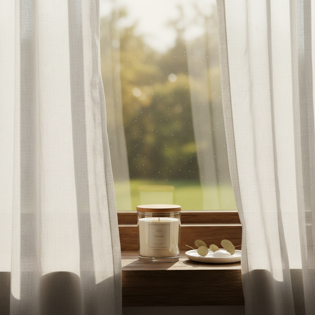 Healing in Progress soy candle on a windowsill with golden light streaming through sheer curtains